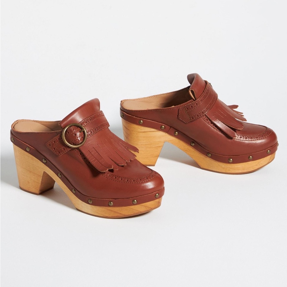 NIB Anthropologie Pilcro Kilty Clogs Tan Leather Womens sz 38 Boho Platform Shoe